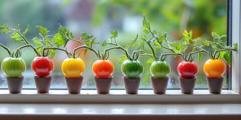 Poster - Colorful tomato plants in small pots against a bright window with soft natural light showcasing vibrant red, orange, green, and yellow fruits.