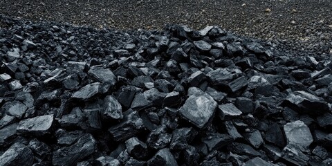 Poster - Dark coal pile texture with various sized black stones scattered unevenly across a rugged rocky surface showcasing natural mineral tones.