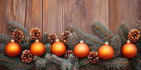 Poster - Festive arrangement of dark green pine branches with golden pine cones and orange Christmas ornaments on wooden background with warm earthy tones