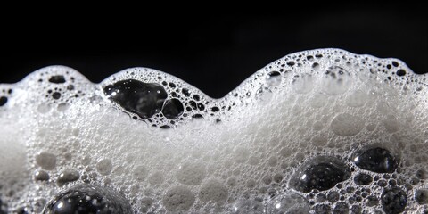 Fototapete - Close-up of white soap bubbles against a black background creating a heart shape; highlights texture and contrast, capturing fluidity and softness.