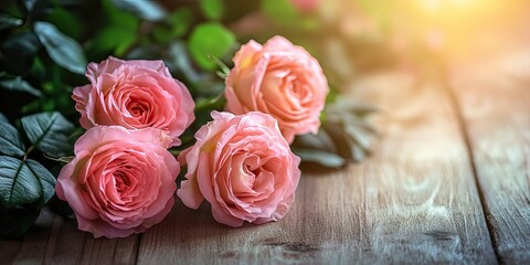 Aufkleber - Delicate pink roses arranged on a rustic wooden table, softly illuminated by natural light with lush green leaves enhancing the composition.