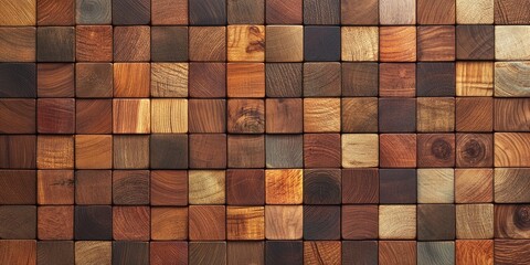 Leinwandbilder - Wooden mosaic pattern with varied shades of brown and tan arranged in a grid layout, showcasing textures of different wood types and grains.