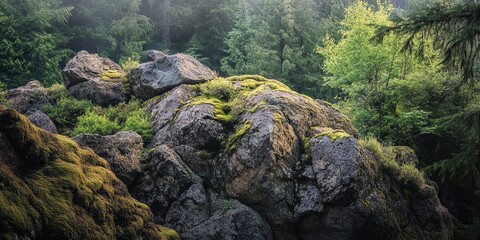 Fototapete - Lush moss-covered boulders in a serene forest landscape with vibrant green foliage and soft sunlight filtering through the trees.