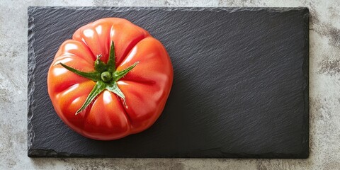 Poster - Ripe heirloom tomato with green stem positioned on a dark slate board against a textured light background showcasing vibrant red color and natural shine.