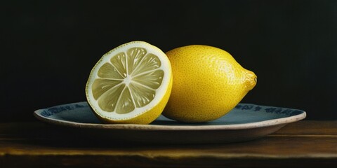 Poster - Fresh lemons on a rustic plate with a dark background featuring a whole lemon and a halved lemon showcasing vibrant yellow colors.