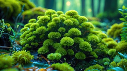 Wall Mural - lush green moss clumps in a forest environment with soft sunlight filtering through trees creating a