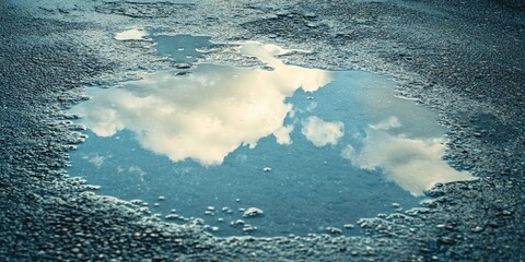 Poster - Reflection of fluffy clouds in a circular puddle on wet asphalt under soft natural light with textures and subtle ripples surrounding the water.
