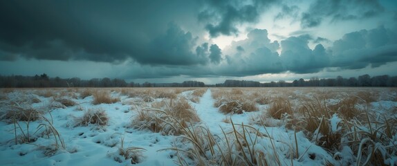Wall Mural - winter landscape with snow-covered field and dramatic cloudy sky at dusk in rural setting. panoramic