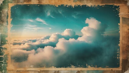 Wall Mural - sky view above fluffy clouds with a vintage frame effect showcasing a calm atmosphere and soft sunli