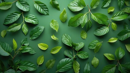 Wall Mural - Diverse green leaves arranged artistically on a vibrant green background symbolizing nature and freshness in a minimalistic composition.