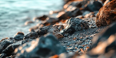 Aufkleber - Rocky seashore with selective focus showing textured black and gray stones along the water's edge with soft blue and orange hues in the background