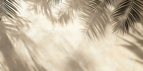 Fototapete - Soft beige background with delicate palm leaf shadows creating a serene tropical ambiance, highlighting textures and subtle light play on the surface.