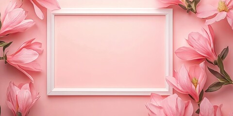 Leinwandbilder - Soft pink background adorned with delicate pink flowers framing a white empty photo frame, creating ample space for personalized text.