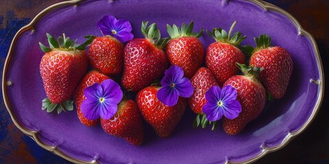 Poster - Bright red strawberries arranged on a violet plate with vibrant purple flowers, showcasing a vivid contrast in colors and textures.