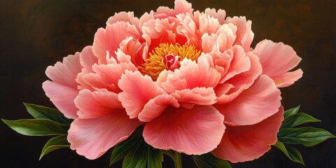 Aufkleber - Vibrant pink peony flower with soft petals and a golden center surrounded by green leaves against a dark blurred background.