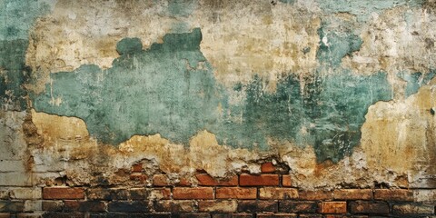 Poster - Weathered vintage wall texture featuring peeling blue and green paint above cracked bricks, creating a rustic, aged appearance.