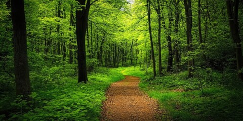 Fototapete - Inviting green forest pathway winding through lush trees under bright sunlight conveying tranquility and nature's beauty in springtime serenity