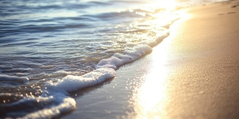 Aufkleber - Glistening sunlight on sandy shore with soft rolling waves gently breaking; tranquil blues and warm golden hues create a serene beach scene.
