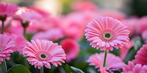 Poster - Delicate pink gerbera daisies in a lush green garden background showcasing vibrant petals and soft sunlight creating a serene floral ambiance