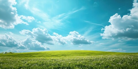 Poster - Bright blue sky with scattered fluffy white clouds over a lush green hill, creating ample free space for product or advertising text design.