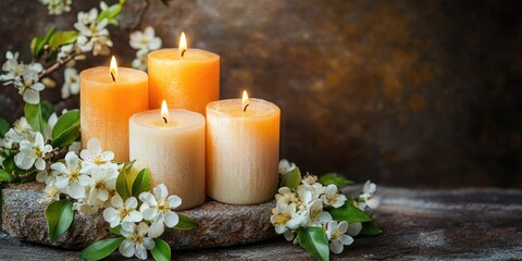 Aufkleber - Rustic scene with four warm orange candles on a stone base surrounded by white blossoms and greenery creating a serene atmosphere for greetings