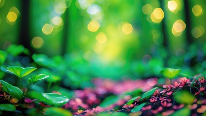 Wall Mural - forest floor with vibrant green foliage and scattered pink flowers under soft bokeh light in a lush 