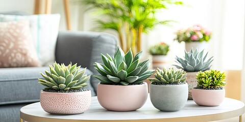 Leinwandbilder - Succulent plants arranged on a modern living room table with a light pink bowl, gray pot, and green accents against a bright background.