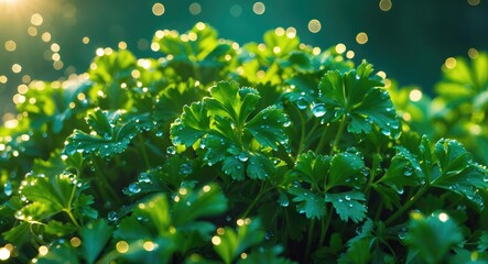 Wall Mural - close-up of green leaves with water droplets and bokeh background in natural light during early morn