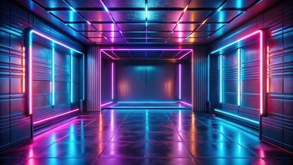 Wall Mural - minimalist futuristic room with glowing neon lights and metallic surfaces in a dimly lit environment