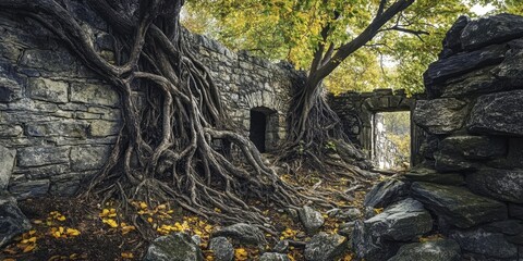 Poster - Ancient stone walls of a historic fort entwined with overgrown tree roots in earthy tones of brown and green amidst fallen leaves and vibrant foliage