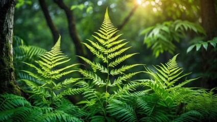 Wall Mural - lush green ferns growing in a serene forest setting with soft sunlight filtering through the trees i