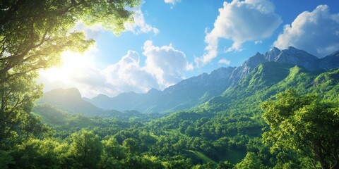 Leinwandbilder - Vibrant mountain landscape featuring lush green trees under a bright blue sky with fluffy clouds illuminated by sunlight creating a serene nature scene