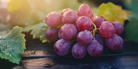 Poster - Freshly harvested bunch of vibrant red and purple grapes glistening with droplets on a rustic wooden surface adorned with green leaves.