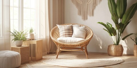 Poster - Cozy living room with rattan chair and plush cushions in soft beige tones, surrounded by greenery and natural textures, warm sunlight filtering through curtains.