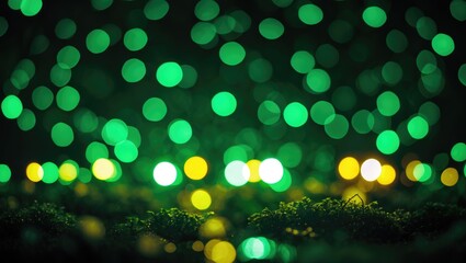 Wall Mural - abstract green and yellow bokeh lights with blurred background and foliage texture in dark setting f