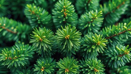 Wall Mural - close-up of fresh green pine tree needles arranged in a dense pattern with a blurred green backgroun