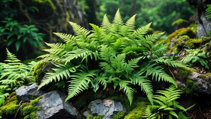 Wall Mural - lush green ferns growing on rocky surface in a dense forest environment with soft natural lighting a
