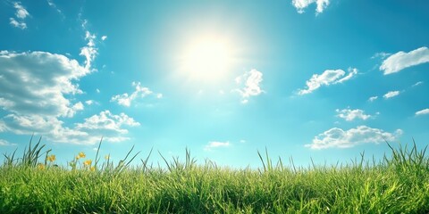 Leinwandbilder - Bright blue sky with fluffy white clouds and vibrant green grass in the foreground, creating ample free space for product or advertising text design.