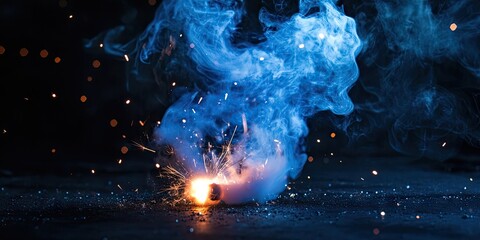 Poster - Ignited fuse emits bright sparks and swirling blue smoke on a dark background with varying shades of blue and hints of orange from sparks.