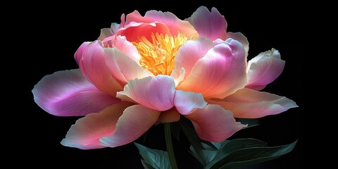 Aufkleber - Vibrant peony flower in pink and orange hues against a solid black background, featuring unique petal shape and intricate golden center details.