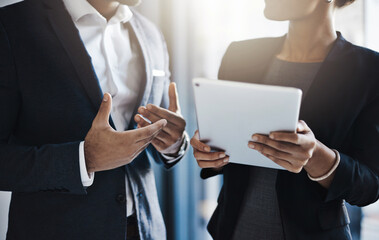 Poster - Brainstorming, tablet and hands of business people in office together for project management or planning. Agenda, conversation and schedule review with man, woman or workplace for b2b teamwork