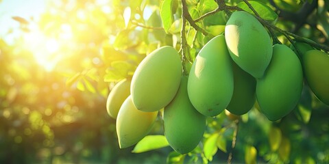 Poster - Vibrant green mangoes hanging on a sunlit branch surrounded by lush green leaves in a serene outdoor setting showcasing natural beauty and freshness
