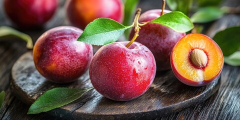 Poster - Fresh plums on a wooden board with green leaves around, showcasing whole and halved plum with vibrant red and yellow colors.