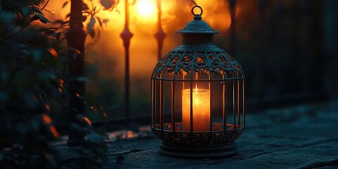 Aufkleber - Warm golden sunset illuminating a vintage lantern with a candle inside, surrounded by soft greenery, creating a serene atmosphere.