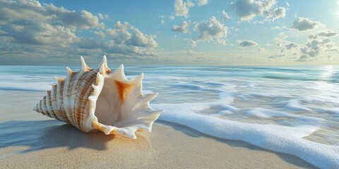 Aufkleber - Seashell with intricate details positioned on a sandy beach with gentle waves and a serene sky featuring soft clouds in the background