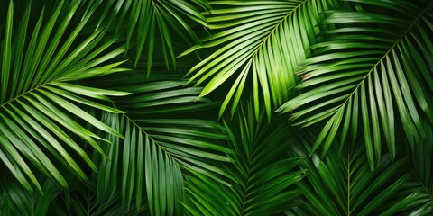Poster - Lush green palm leaf background with intricate details featuring various shades of green and overlapping fronds creating a natural, tranquil aesthetic