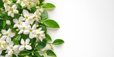 Aufkleber - White jasmine flowers and lush green foliage arranged artistically on a white background with space for personalized text to enhance floral display