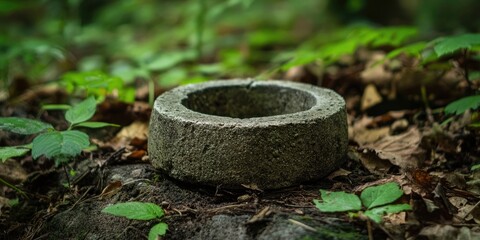 Fototapete - Broken concrete ring on forest floor surrounded by green foliage and dried leaves soft natural lighting highlighting its rough texture.