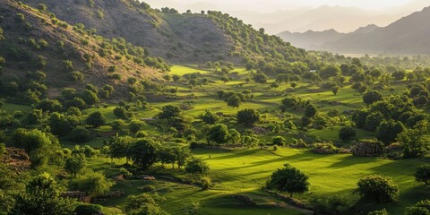 Fototapete - Lush green landscape with rolling hills and vibrant trees under soft evening light showcasing tranquil beauty and natural charm in bright greens
