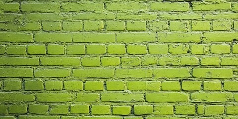 Poster - Vibrant lime green brick wall texture with a uniform pattern, showcasing even bricks and a smooth finish for artistic backgrounds and designs.